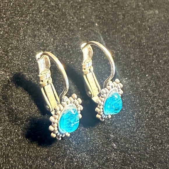 Baked Beads Lever Back Silver Earrings with bright blue gem - Picture 2 of 5